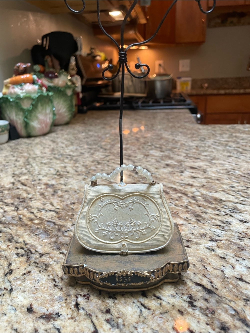 Vintage Cream Decorative Purse jewelry stand with Beaded Handle